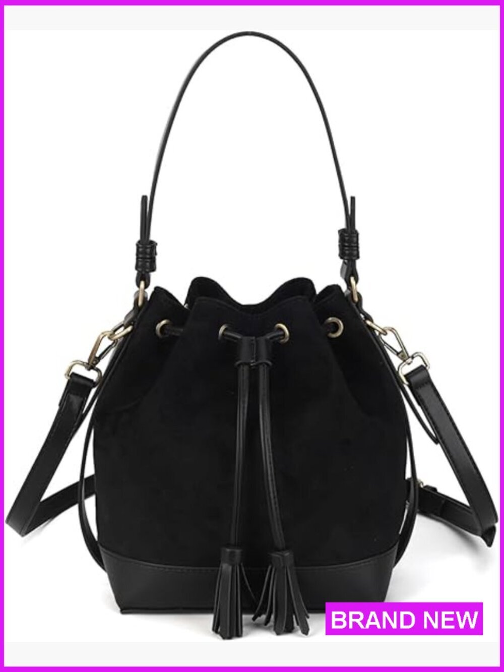 Faux Suede Bucket Bag Crossbody Purse with Tassel Two Straps